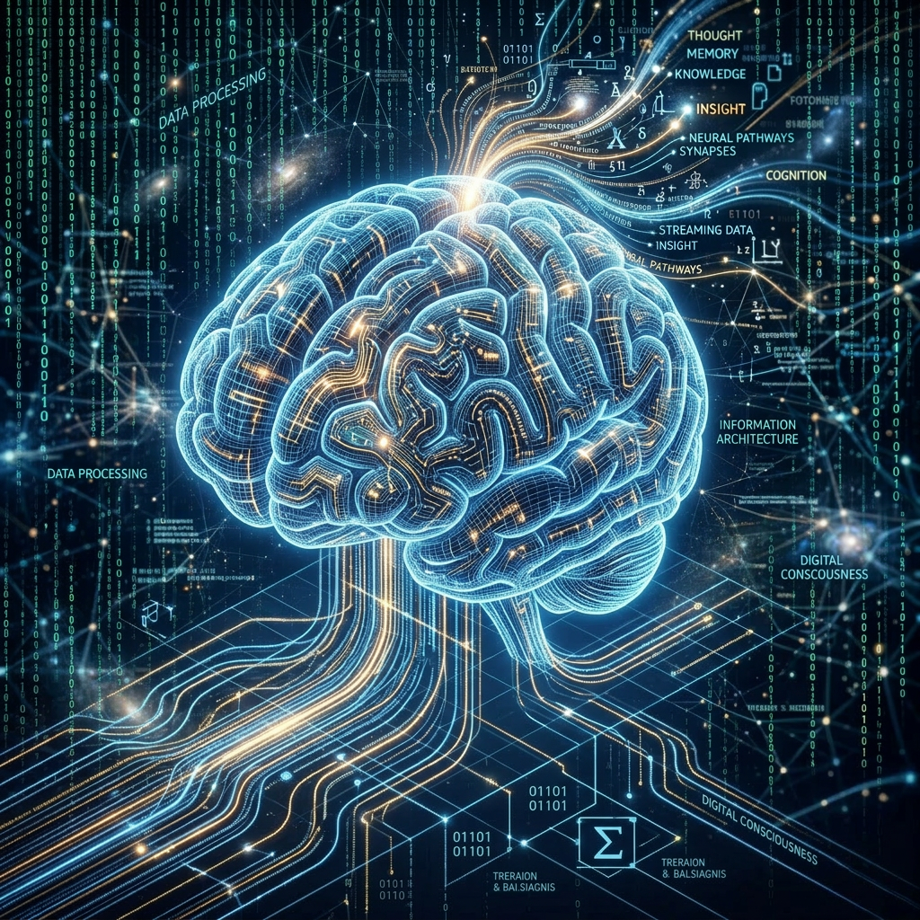 Glowing human figure with neural pathways and digital data streams